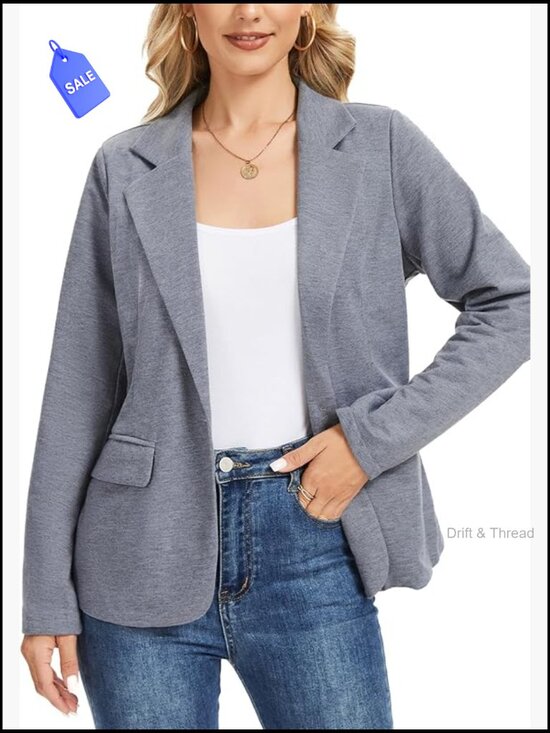 Jackets & Blazers - Long Sleeve Jersey Knit Blazer with Pockets, Notch Collar, Office Casual